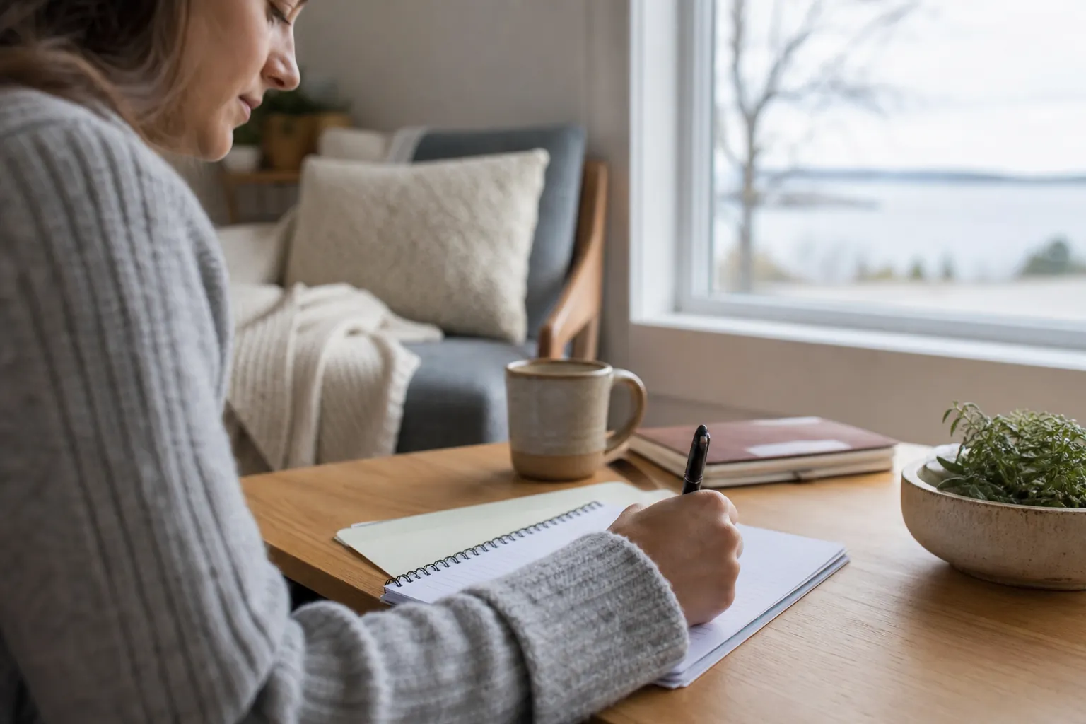 Woman writing in a notebook during an anxiety assessment Woman seated at a table writing in a spiral notebook beside a mug, closed journal, and potted plant.