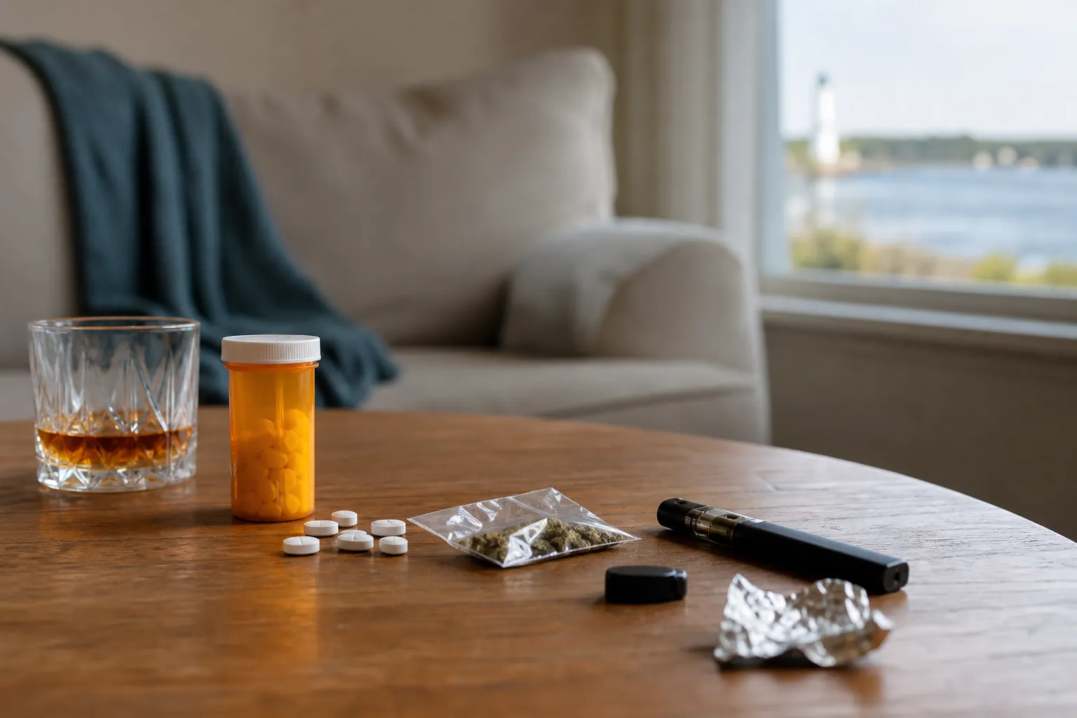 Substances and medication on a living room table Whiskey glass, pill bottle, loose tablets, cannabis bag, vape pen, and foil arranged on a living room table