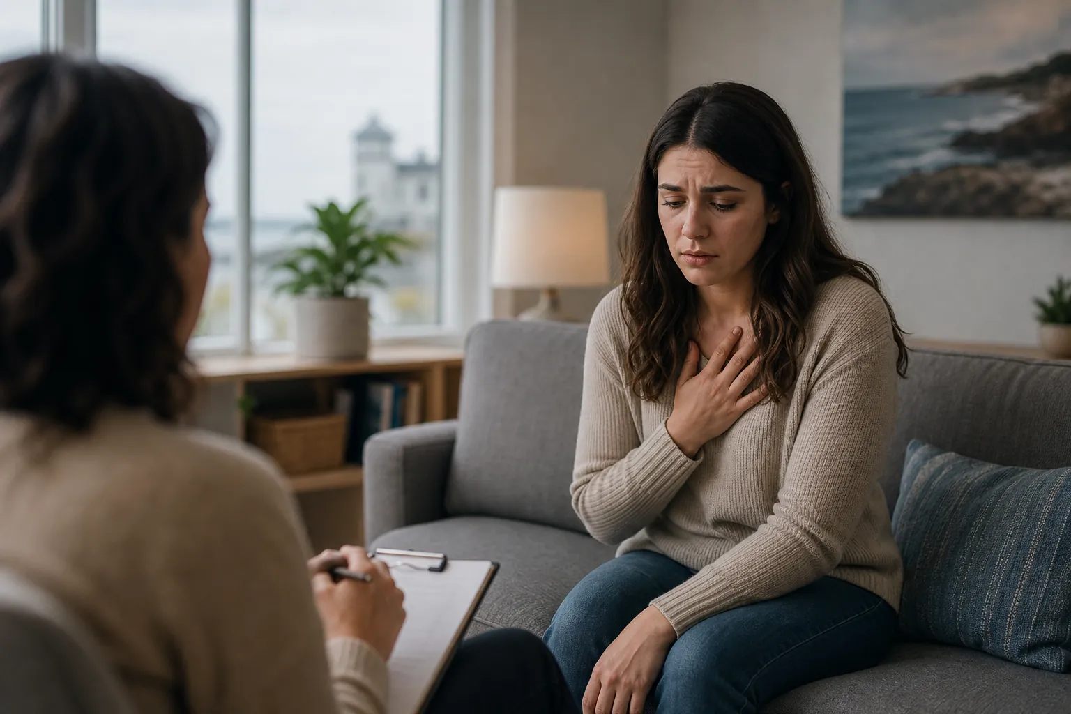 A distressed woman holds her chest while speaking with a clinician holding a clipboard in a quiet counseling office.