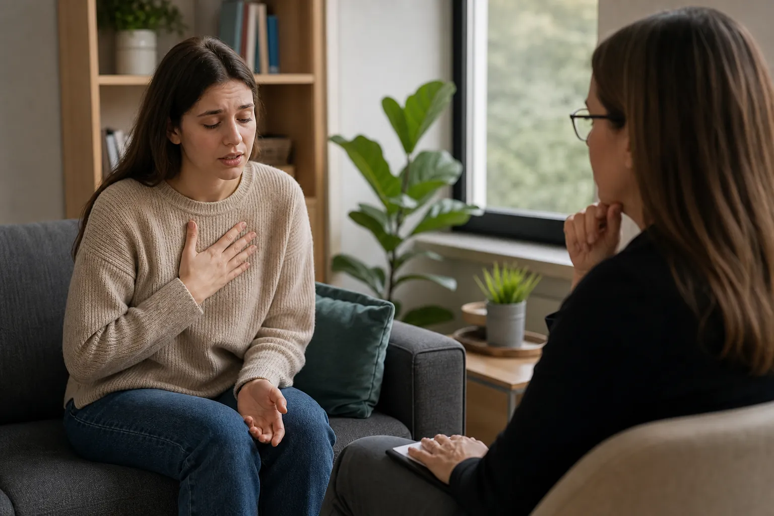 A distressed woman holds her chest while speaking with a therapist in a quiet office during a mental health assessment.