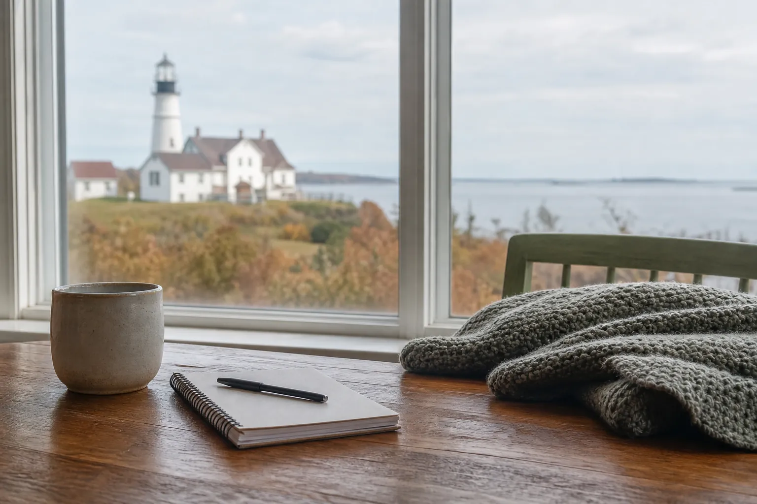 A mug, notebook, pen, and knitted blanket rest on a wooden table overlooking a coastal lighthouse.