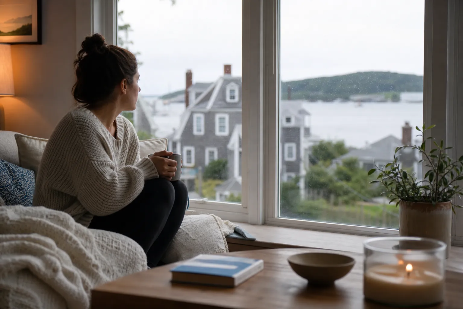 Woman in a sweater holds a mug on a sofa and looks through a window toward a quiet coastal neighborhood.