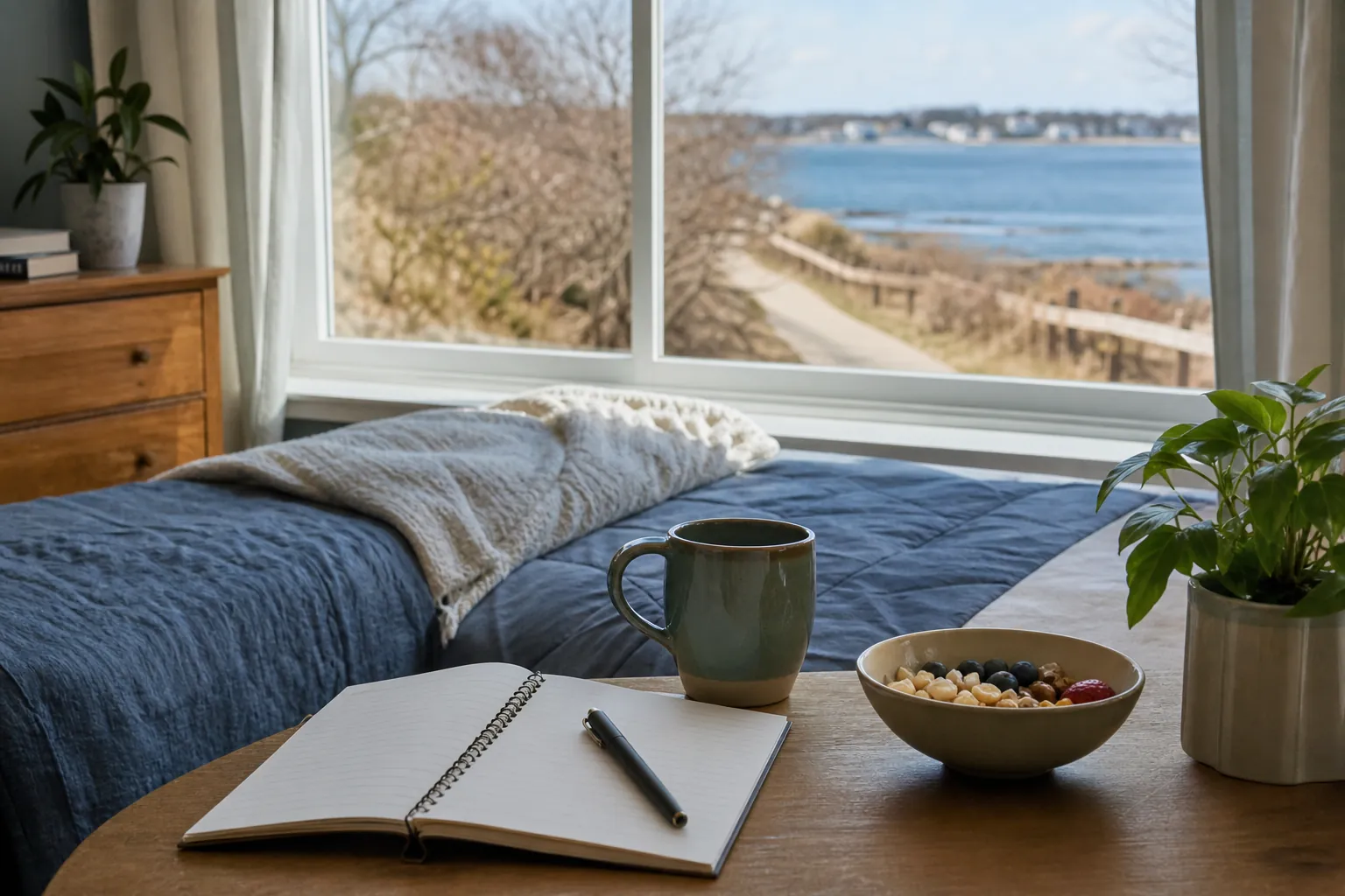Morning recovery routine in a calm coastal bedroom Open notebook, pen, mug, and breakfast bowl beside a neatly made bed overlooking a coastal path and water.