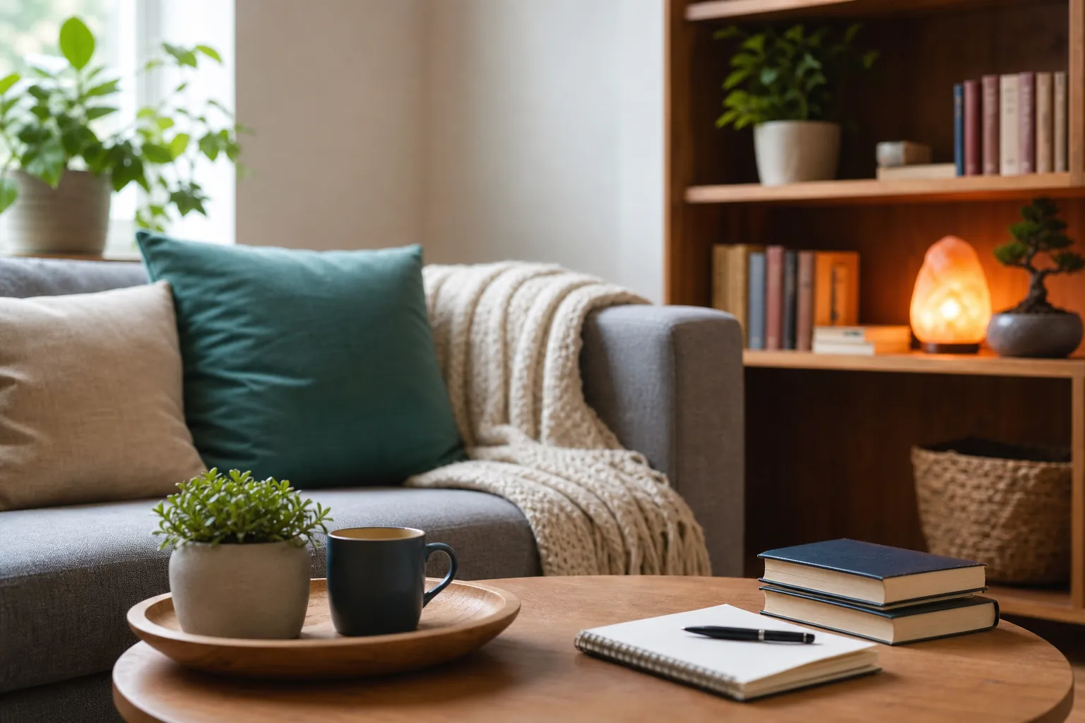 Calm Living Space for a Daily Recovery Routine Calm living room with a sofa, warm lamp, books, coffee mug, plant, and notebook arranged for a daily recovery routine.