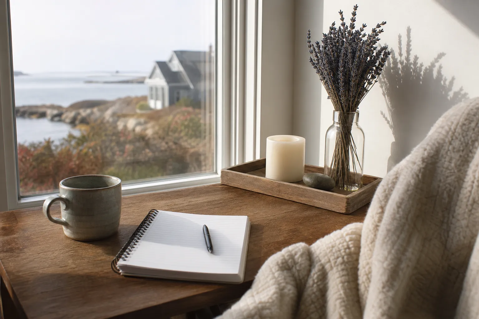 A mug, open notebook, pen, candle, and dried flowers on a table beside a window overlooking a rocky coast