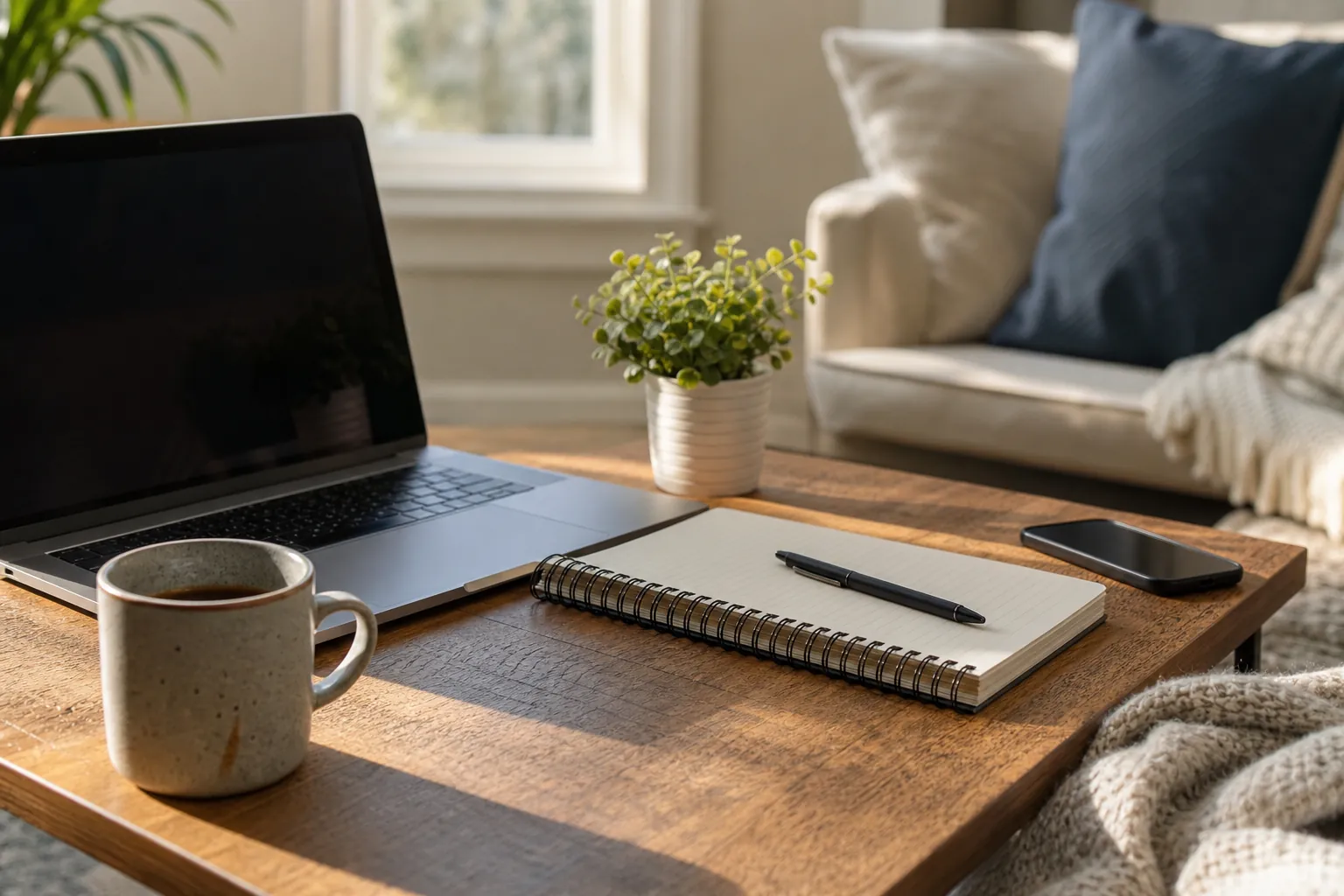 Laptop and notebook set up on a living room table Laptop, blank notebook, pen, coffee mug, phone, and potted plant arranged on a living room table.