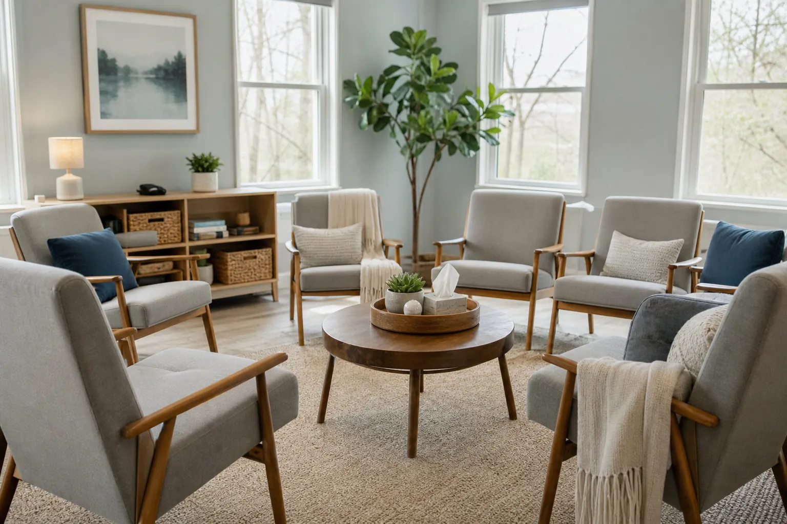 Comfortable group counseling room with chairs in a circle Quiet counseling room with cushioned chairs arranged in a circle around a wooden coffee table.