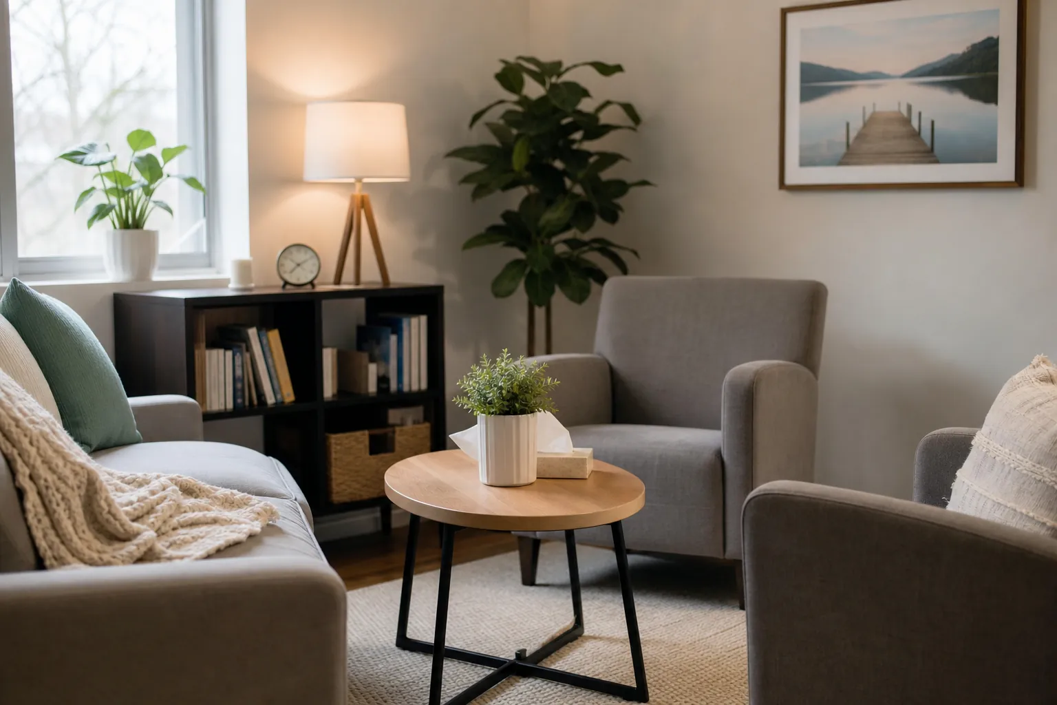 Comfortable outpatient therapy room with three armchairs, a coffee table, plants, a lamp, and a bookcase.