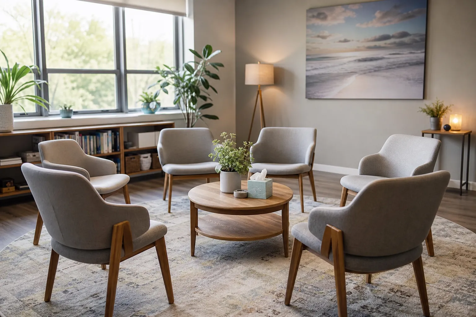 Six upholstered chairs arranged around a round table with tissues and a plant in a bright group therapy room.