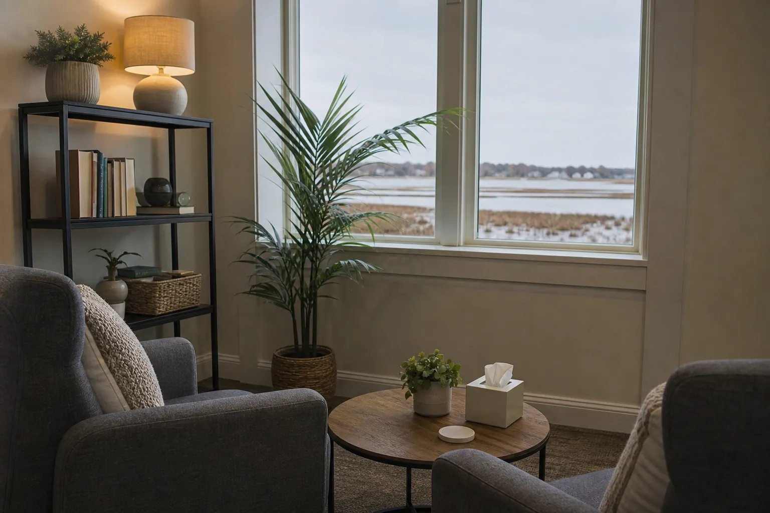 Quiet counseling room with armchairs and snowy view Two gray armchairs face a small table in a calm counseling room with plants, books, and a snowy view.