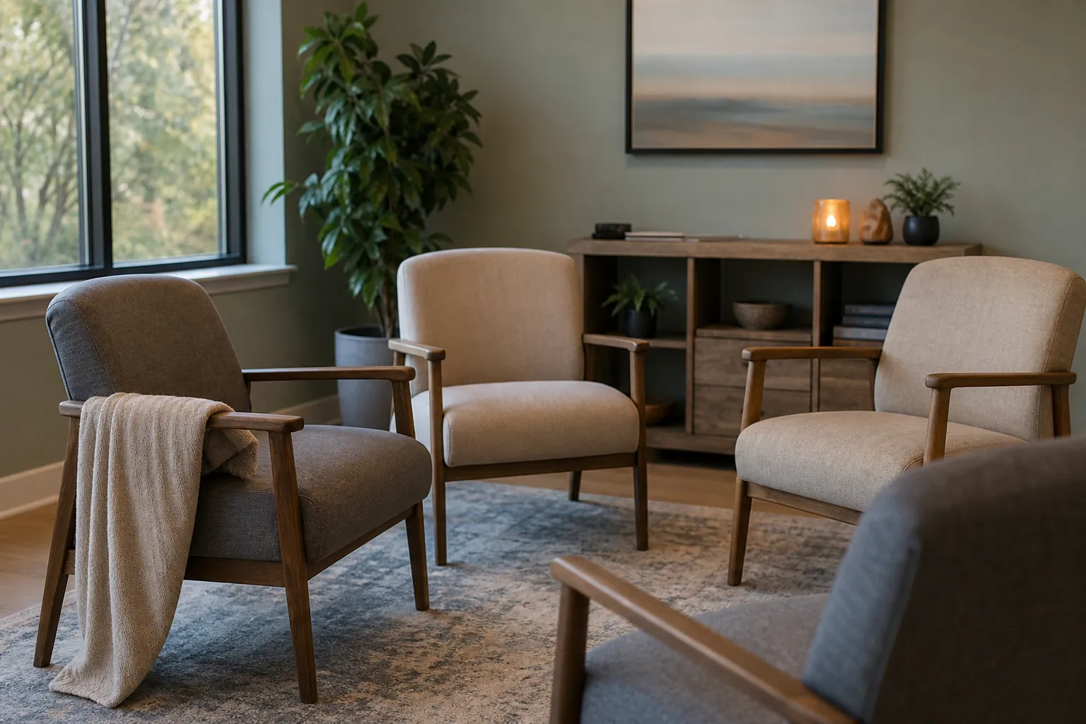 Quiet group counseling room with four armchairs Four upholstered armchairs arranged in a circle in a calm counseling room with plants, a cabinet, and soft lighting.