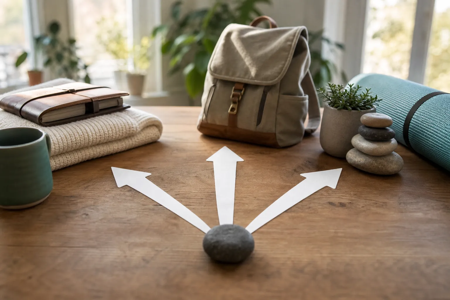 Three paper arrows branch toward a backpack, journal, yoga mat, plant, and stacked stones on a wooden table.