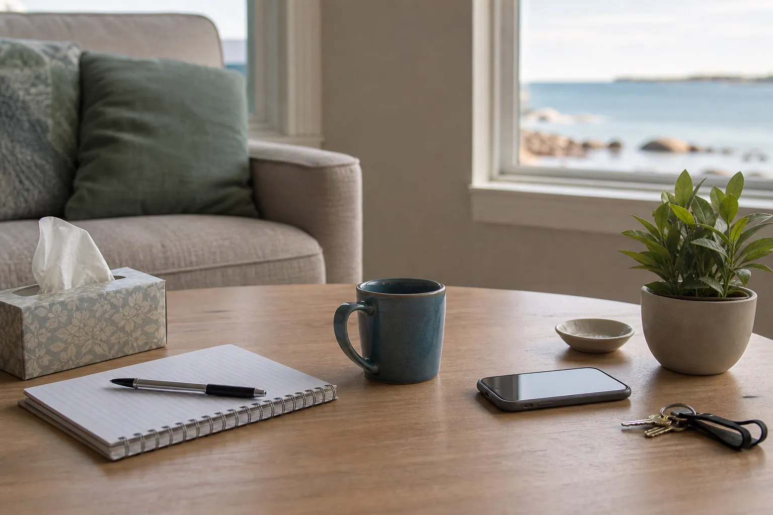 Notebook, pen, phone, mug, keys, tissues, and a plant on a table beside a sofa overlooking the coast.