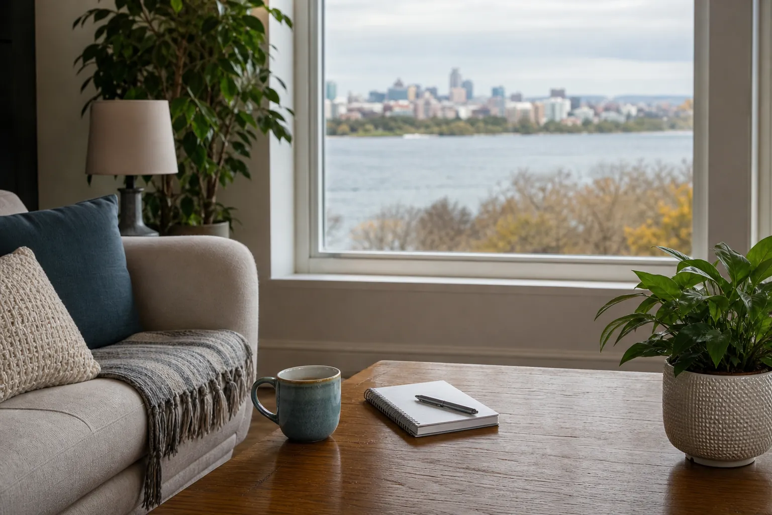 Quiet living room with a sofa, coffee mug, notebook, plants, and a waterfront city view through a large window