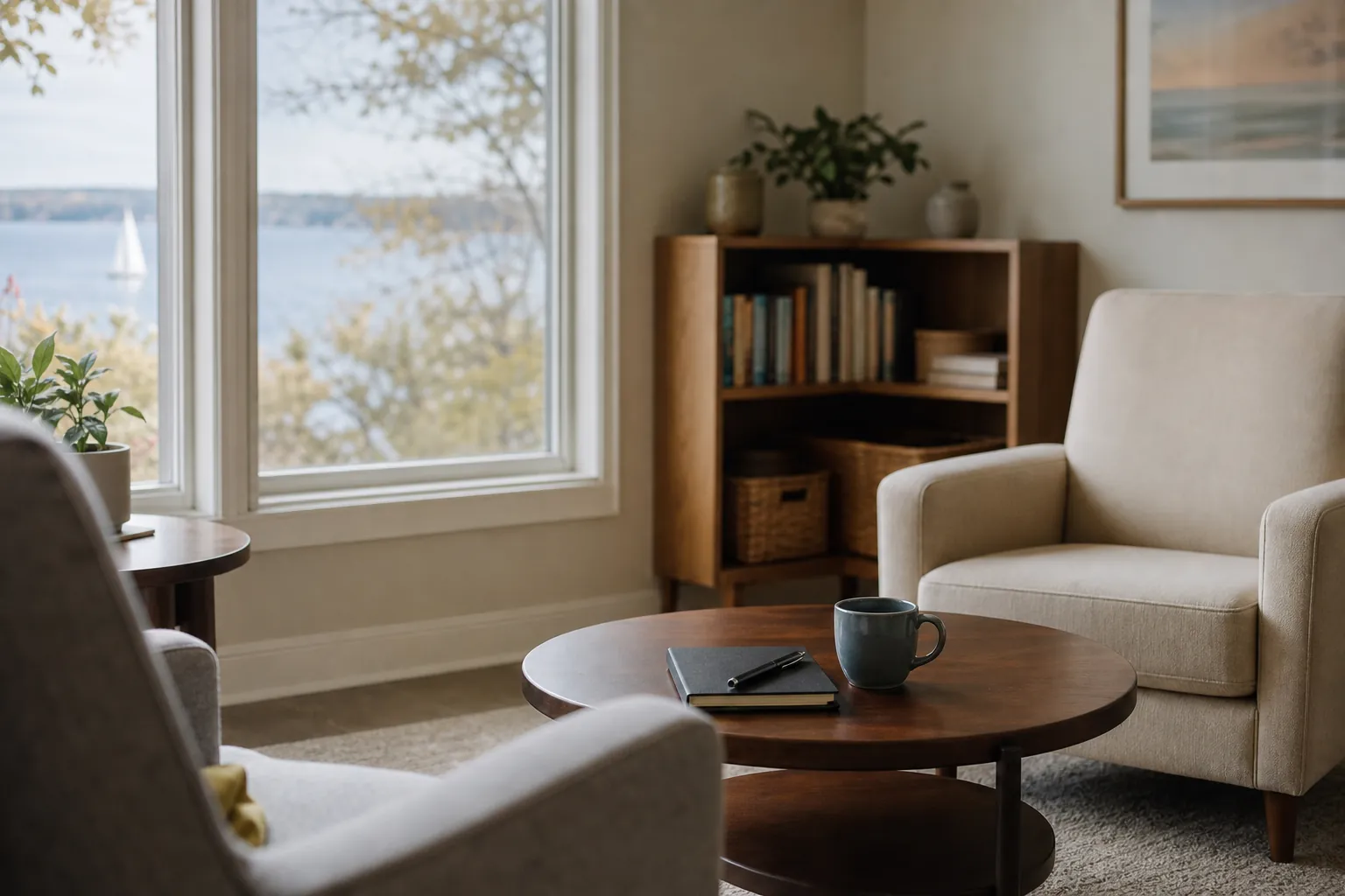 Quiet therapy room with two armchairs, a coffee table, notebook, pen, mug, bookshelf, and lakeside windows.