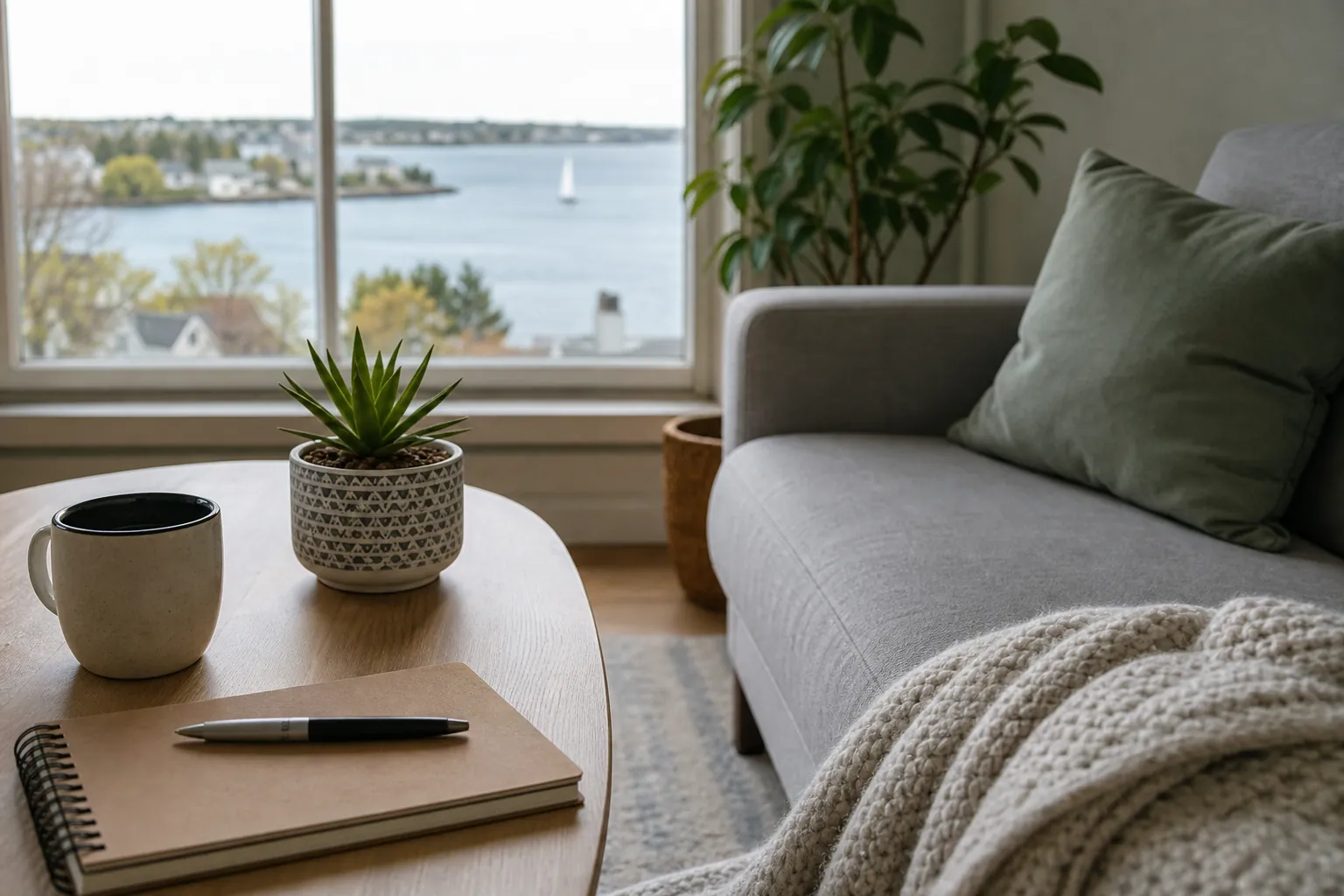 Calm living room with a sofa, blanket, notebook, pen, mug, potted plants, and a waterfront view.