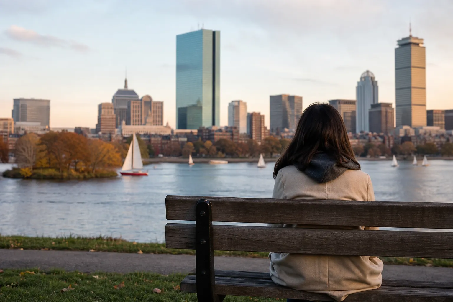 Person on a bench overlooking the Boston skyline A person sits alone on a park bench overlooking sailboats on the Charles River and the Boston skyline.