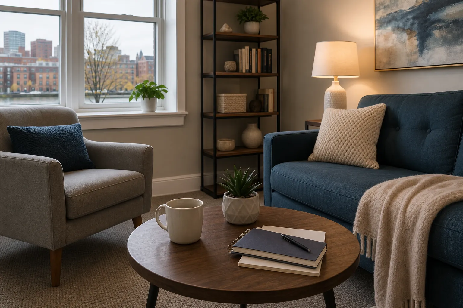 Quiet therapy office prepared for ongoing outpatient care Quiet therapy office with an armchair, blue sofa, coffee table, notebook, mug, lamp, and city-facing windows.