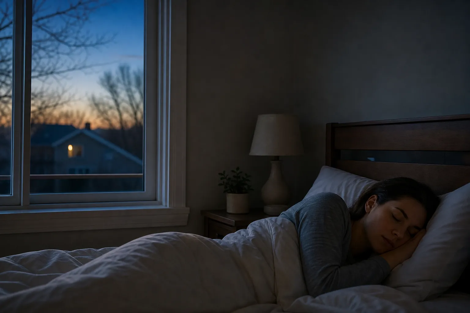 A woman sleeps on her side beneath white bedding in a dim bedroom, with blue and orange twilight visible through the window.