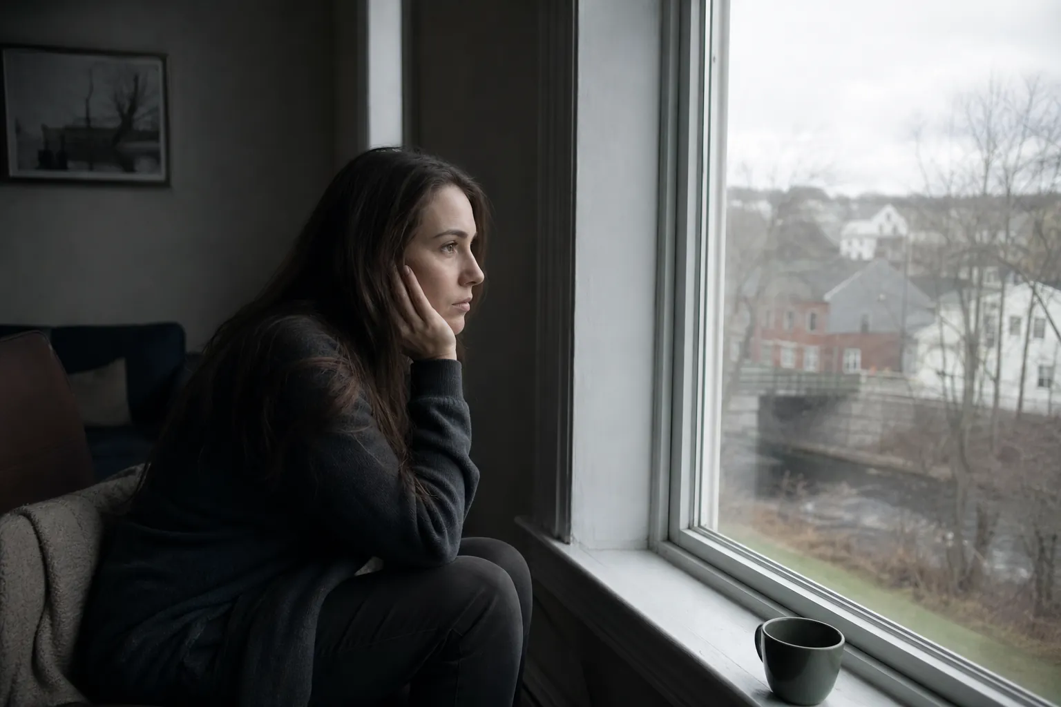 A woman sits beside a large window, resting her cheek on her hand and looking outside, with a mug on the sill.