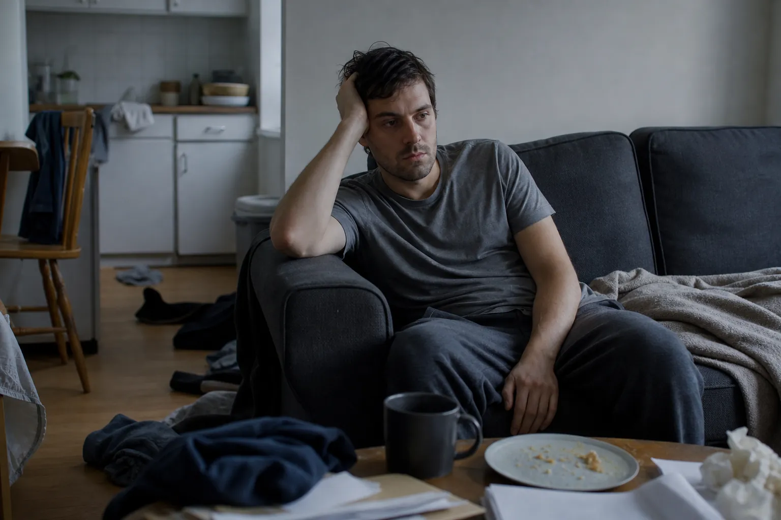 A man sits slouched on a dark sofa with his head resting on one hand, surrounded by scattered clothes, papers, and dishes.