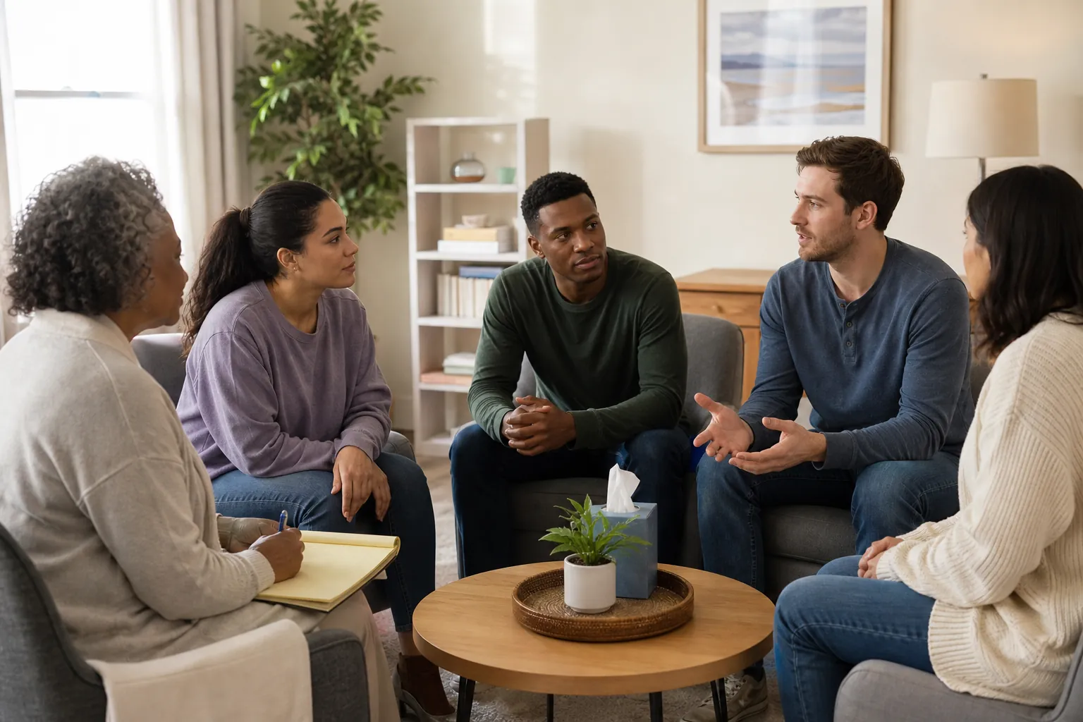 Adults Participating in an Outpatient Group Therapy Session Five adults sit in a therapy group as one participant speaks and a counselor takes notes.