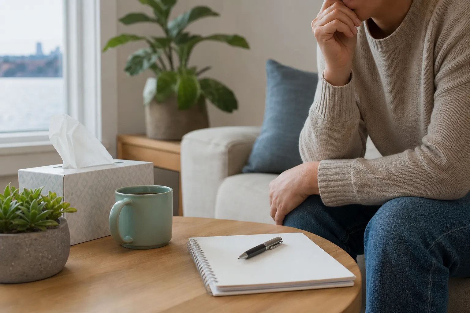 Seated Person Beside a Notebook and Mug A seated person rests a hand near their chin beside a table with a blank notebook, pen, mug, tissues, and plants.
