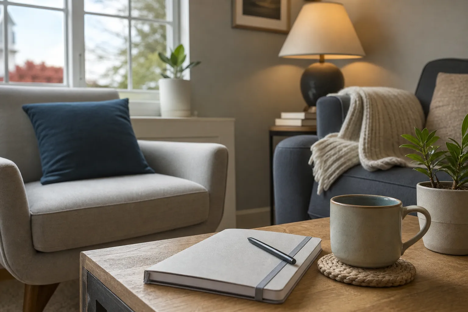Quiet therapy room with notebook and seating Therapy room with two armchairs, a notebook and pen, a ceramic mug, plants, and a softly glowing lamp.