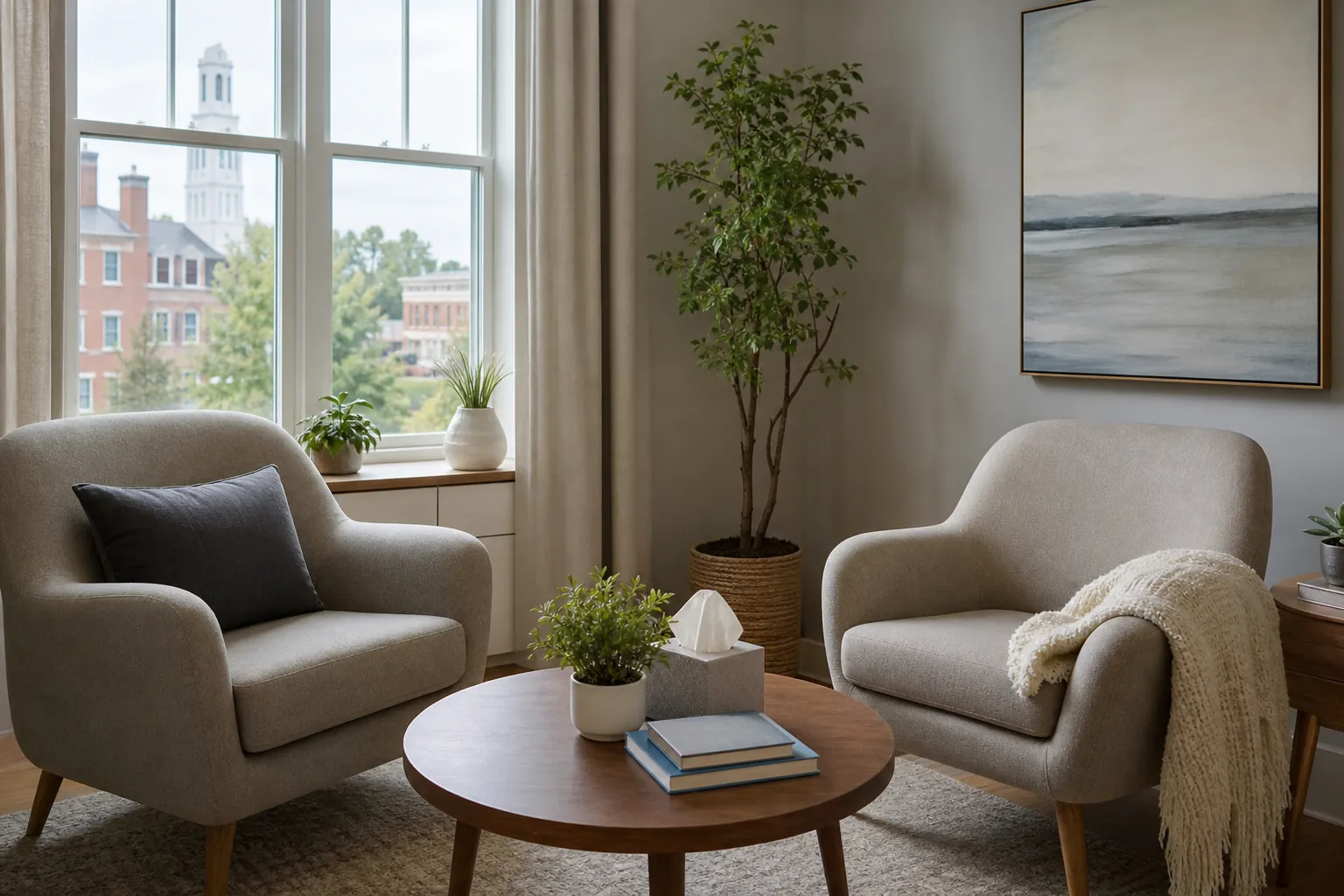 Quiet therapy office with two upholstered chairs, a round table, plants, books, and a tissue box by tall windows.