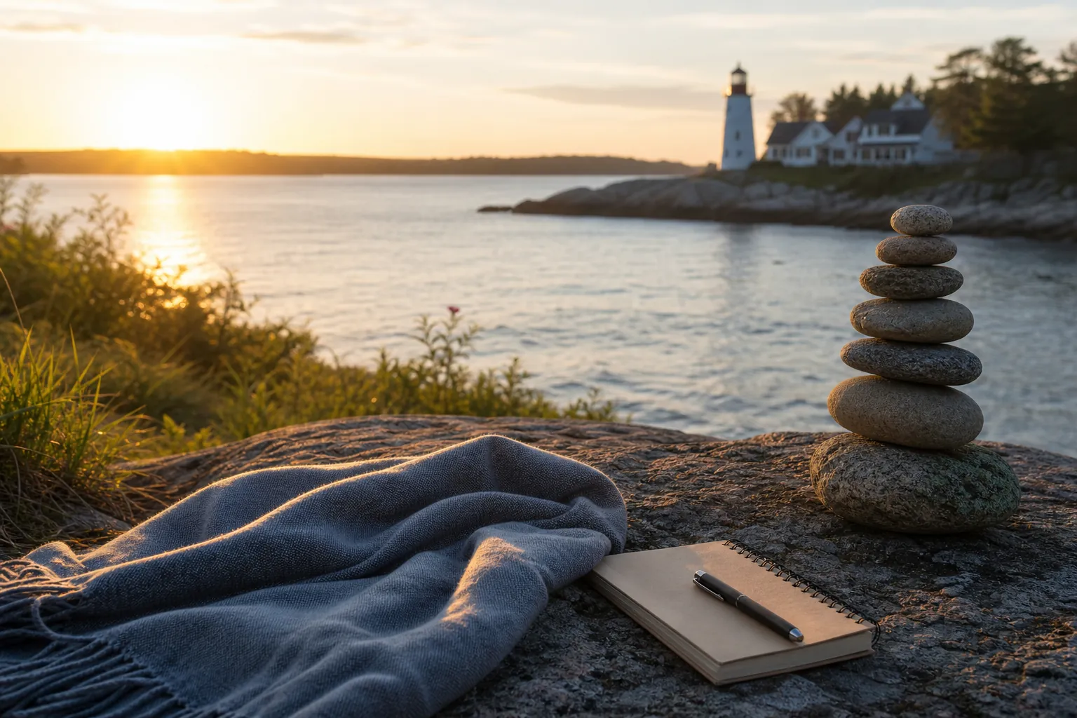 Mindful coastal setting with stones and journal Stacked meditation stones, a blanket, and a blank notebook overlook calm water and a lighthouse at sunset.