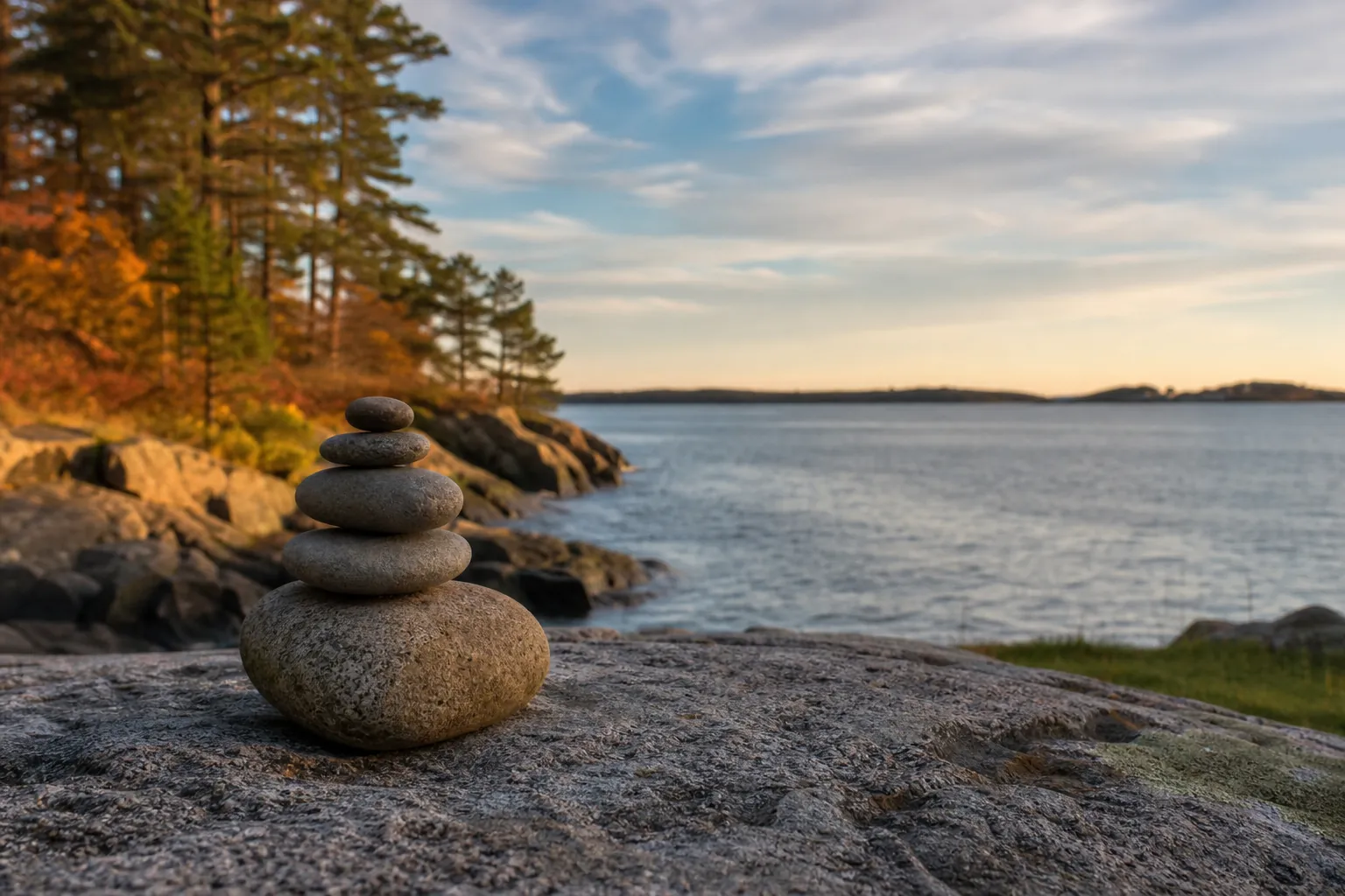 Balanced stones beside a calm autumn shoreline Five balanced stones on a rocky shoreline beside calm water and autumn trees under a softly clouded sky.