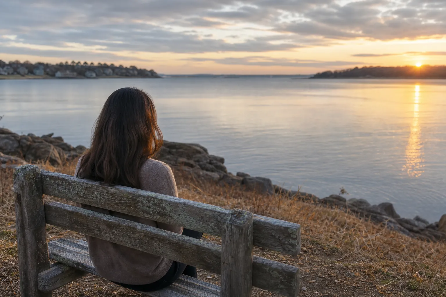 Quiet Reflection on a Coastal Bench at Sunset A person with long dark hair sits alone on a weathered wooden bench, looking across calm coastal water at sunset.