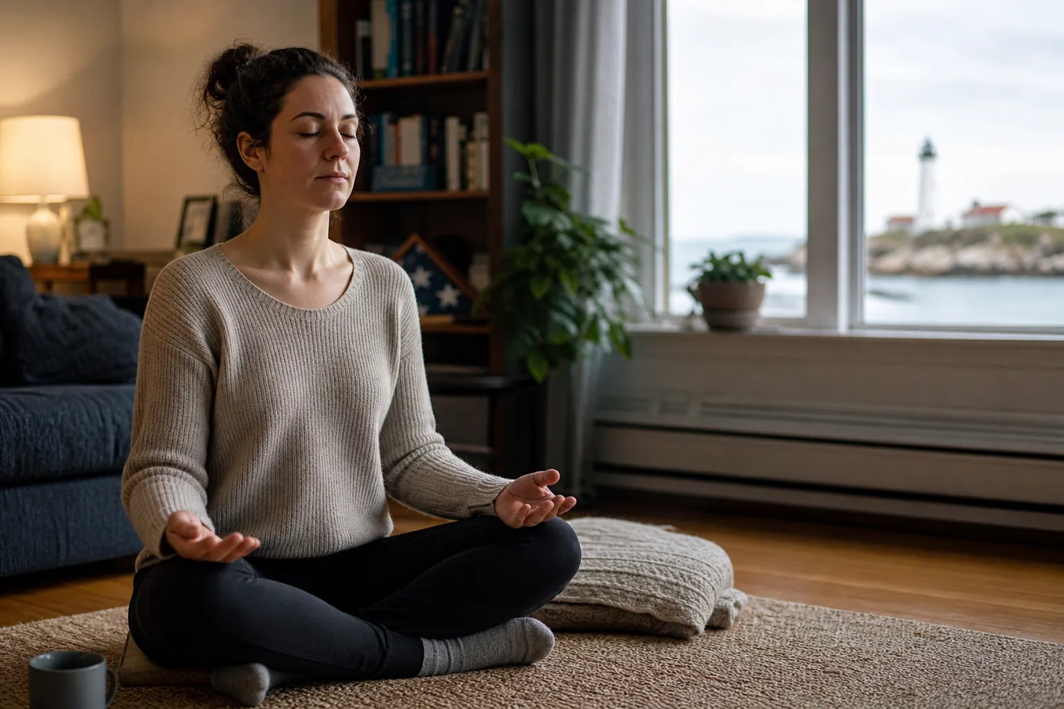 Woman Practicing Mindfulness in a Coastal Living Room Woman sitting cross-legged with eyes closed and meditating in a living room overlooking a coastal lighthouse.