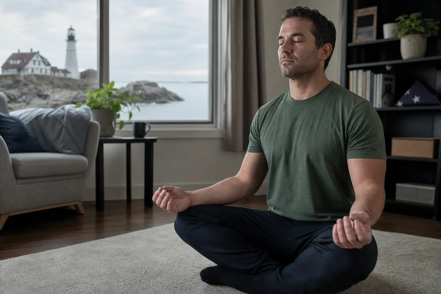 Man Practicing Mindfulness in a Coastal Home A man sits cross-legged with eyes closed, meditating in a coastal home with a lighthouse visible through the window.