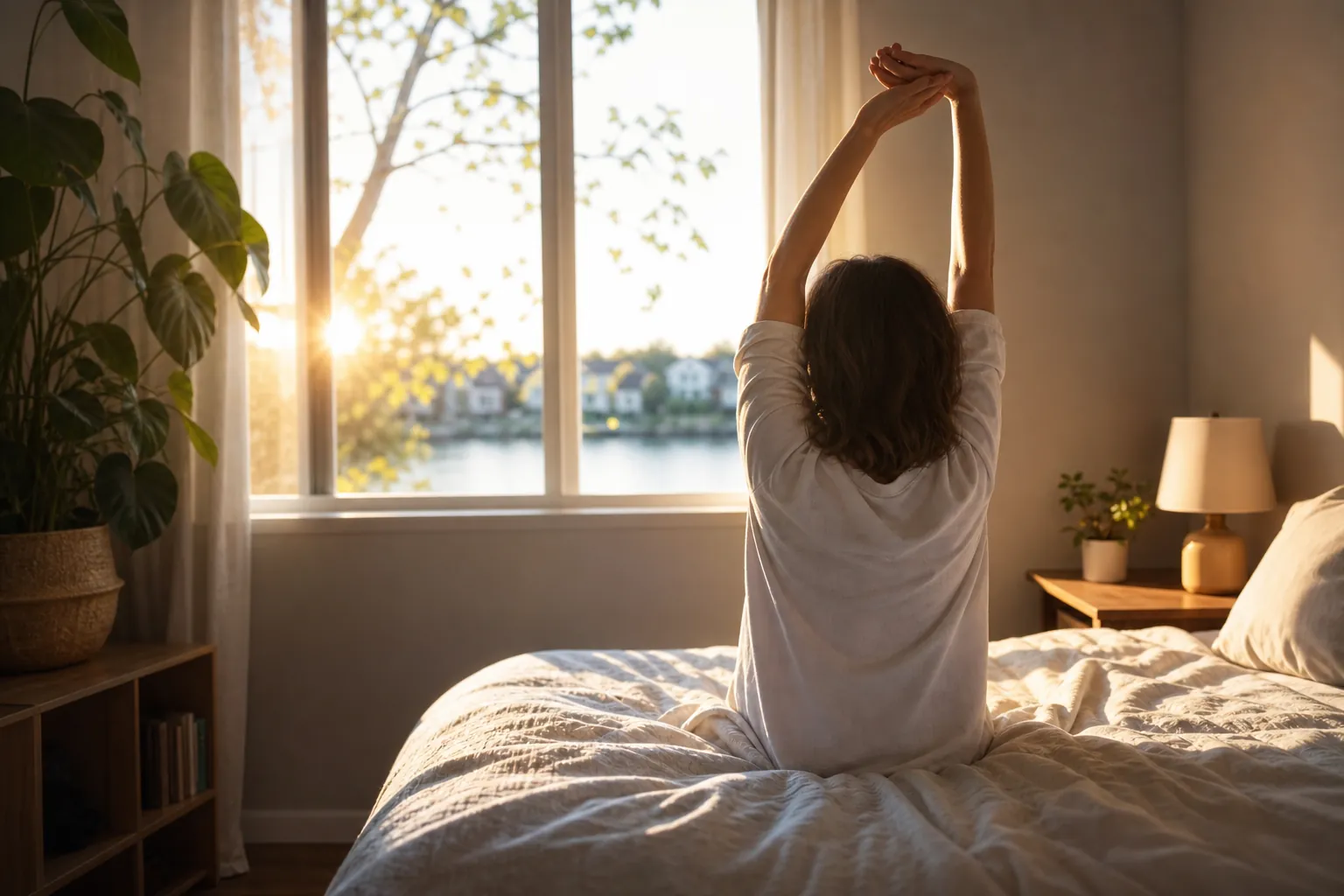 Woman stretching while seated on a bed
