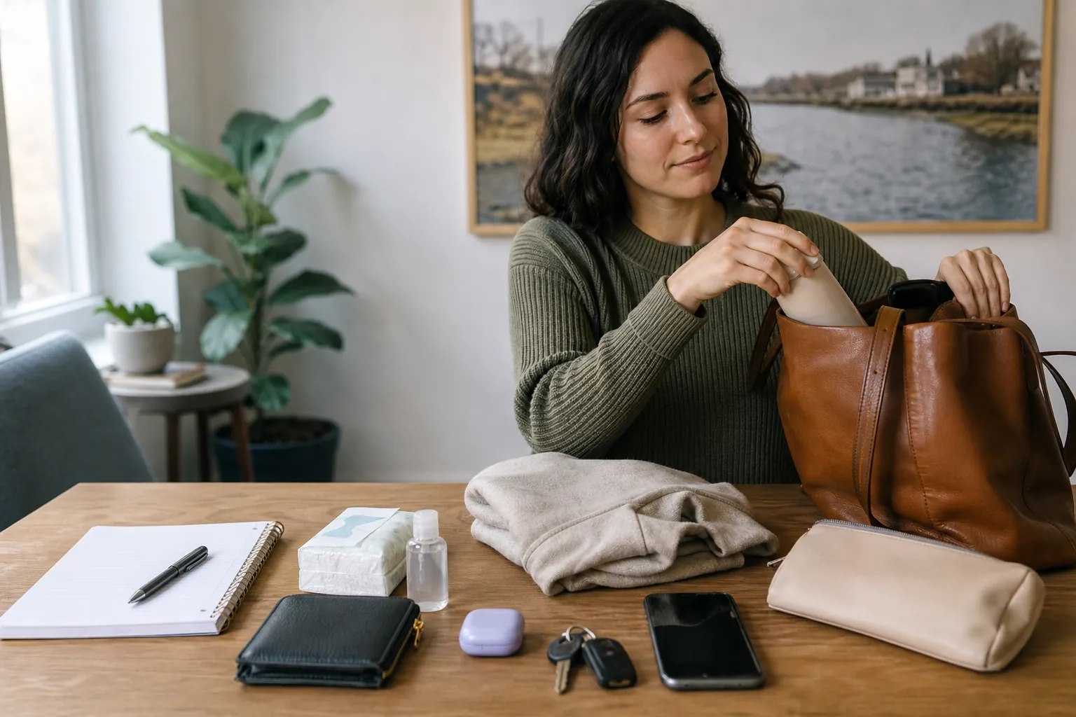 A woman packs a brown tote beside a notebook, pen, tissues, sanitizer, sweater, wallet, keys, phone and pouch.