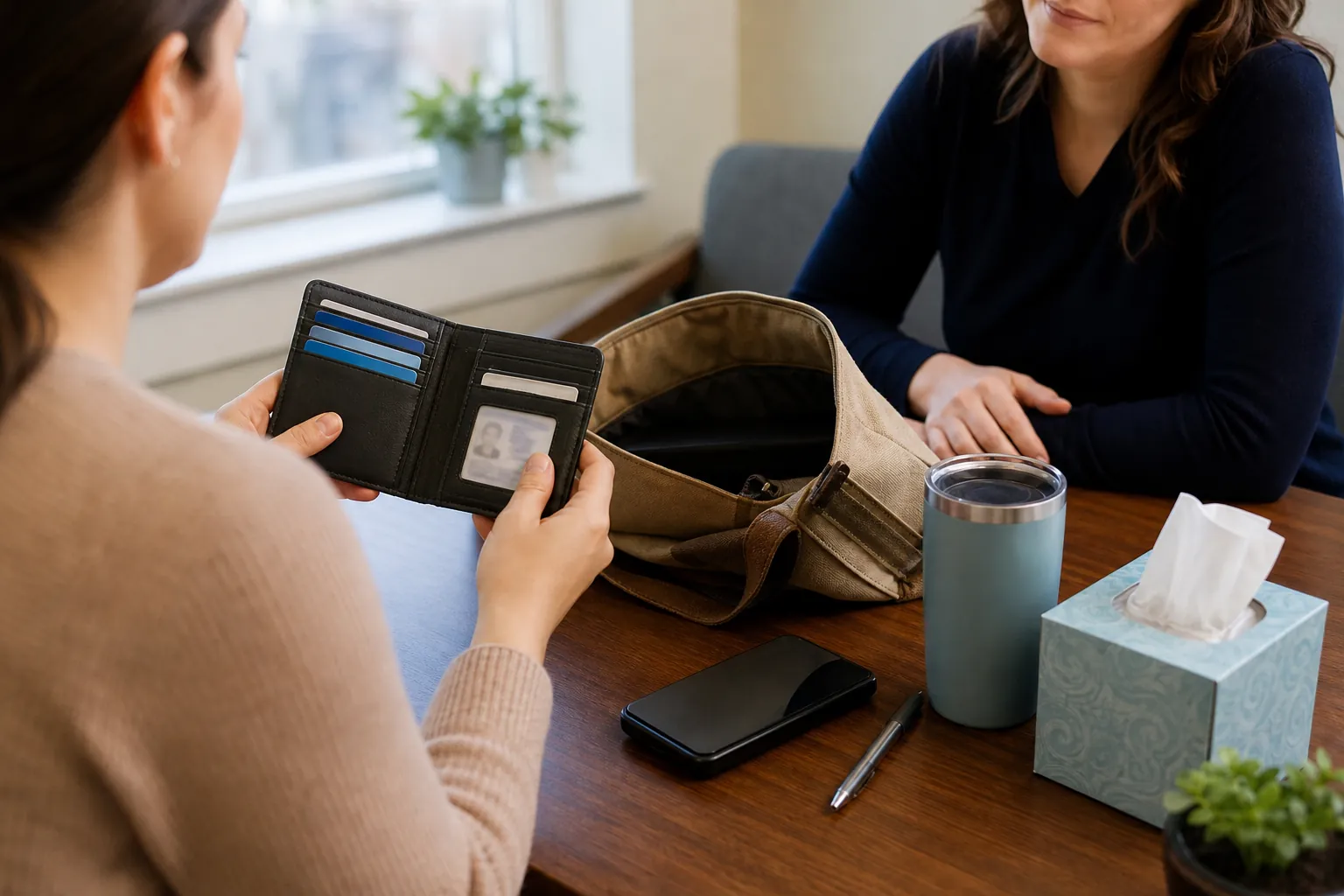 A woman holds an open wallet with cards and a photo ID while seated across from another woman at a wooden table.
