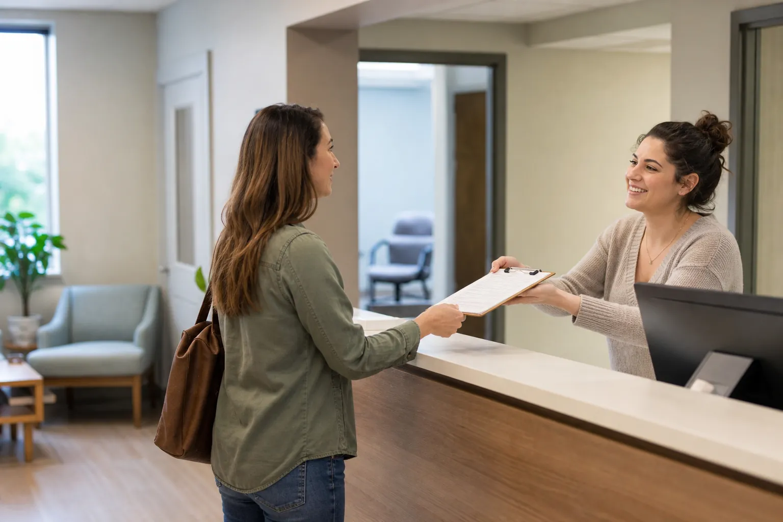 First Contact at a Mental Health Clinic Reception Desk A smiling clinic receptionist hands a clipboard to a woman at a reception desk in a bright waiting area.