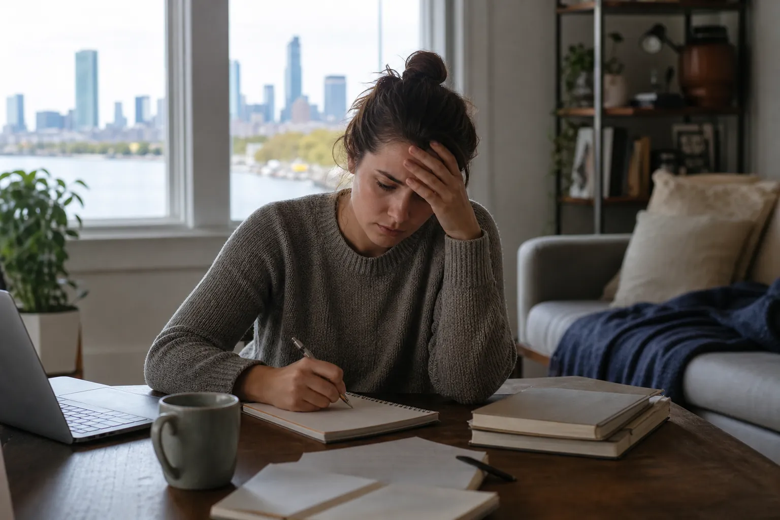 A worried woman holds her forehead while writing at a table with a laptop, books, papers, and a mug nearby.