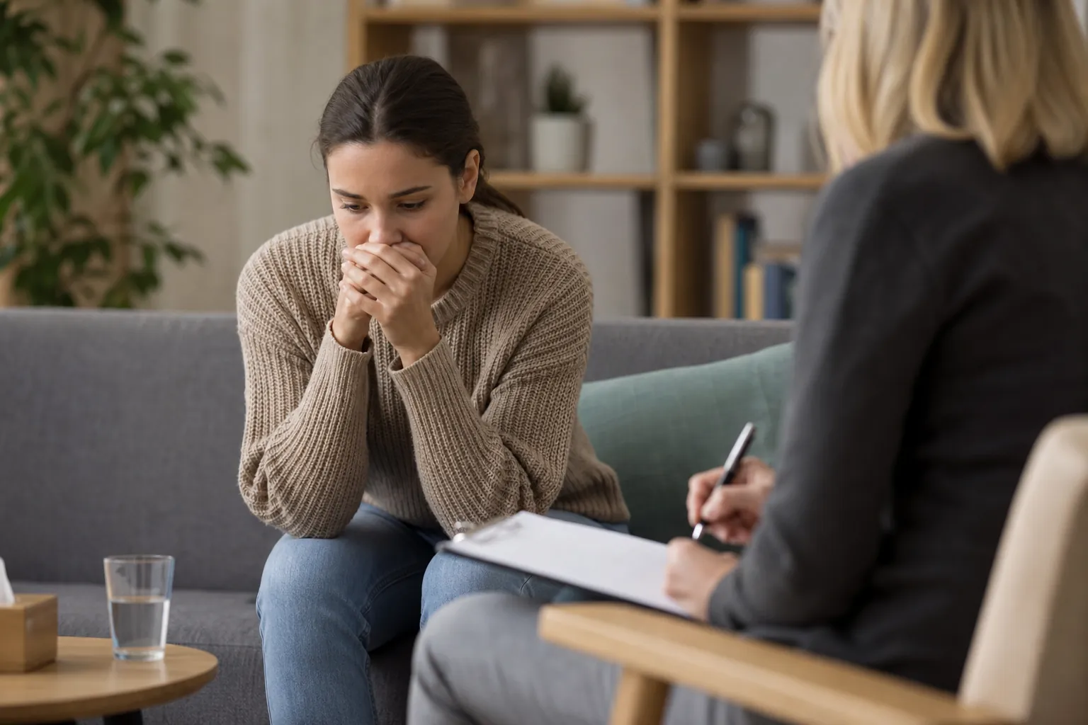 An anxious woman sits with clasped hands while a therapist takes notes during a private counseling session.