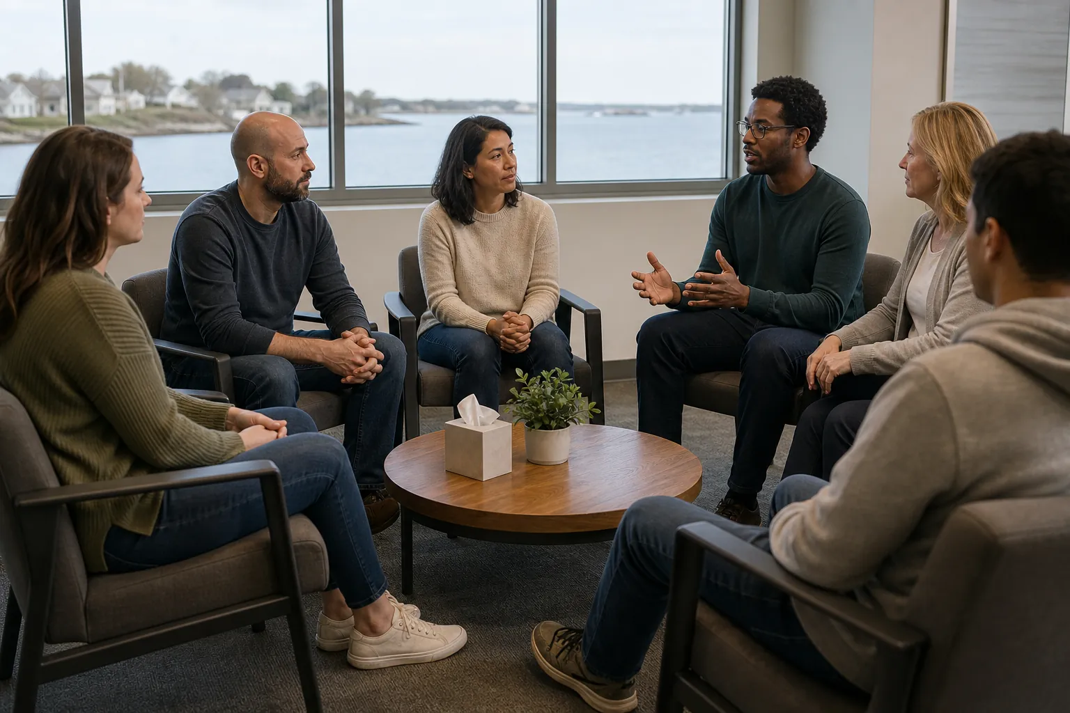 Adults Participating in a Group Therapy Session Six adults sit in a waterfront counseling room as one man speaks during a group therapy session.