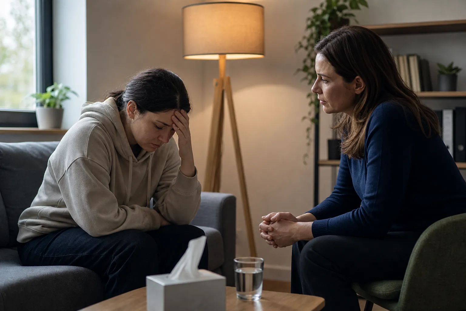 Distressed woman speaking with a counselor in a therapy office A distressed woman sits with her head in her hand while a counselor listens in a quiet therapy office.
