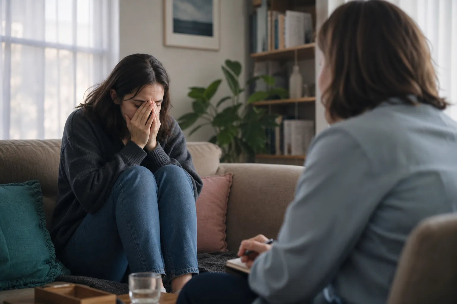 Distressed Woman Speaking With a Therapist Distressed woman covering her face while seated on a sofa across from a therapist taking notes in a home-like office.