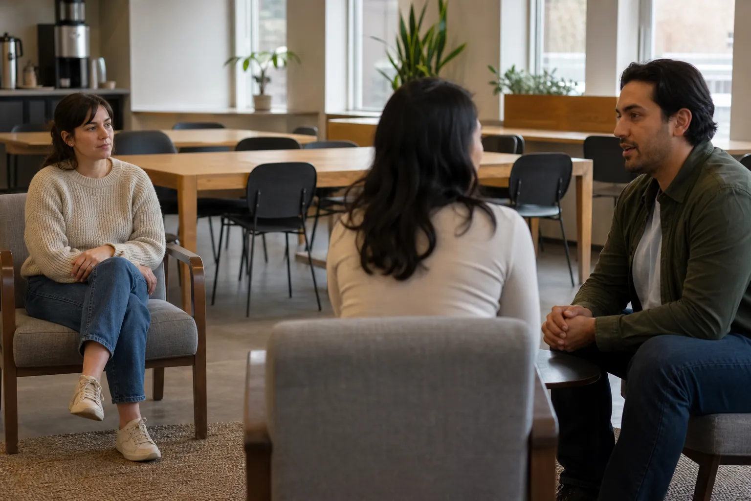 Three Adults Seated in a Bright Communal Room Three adults sit in a bright communal room, with one woman seated apart from the other two.