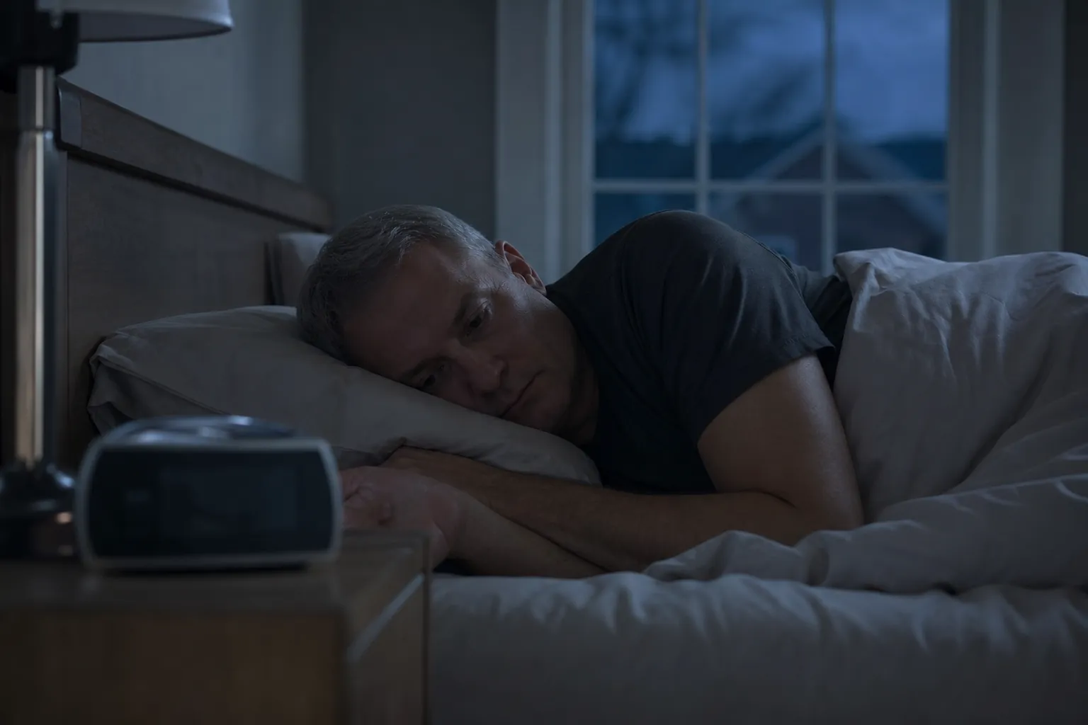 Man Lying Awake Beside an Alarm Clock A man lies awake on his side in a dim bedroom, facing a bedside alarm clock, with blue light coming through the window.