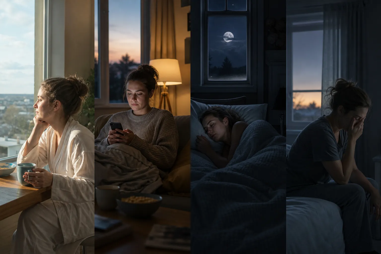 Sleep and Wakefulness Across Different Times of Day Four panels show a woman drinking by a daylight window, using her phone at dusk, sleeping at night, and sitting awake in bed.