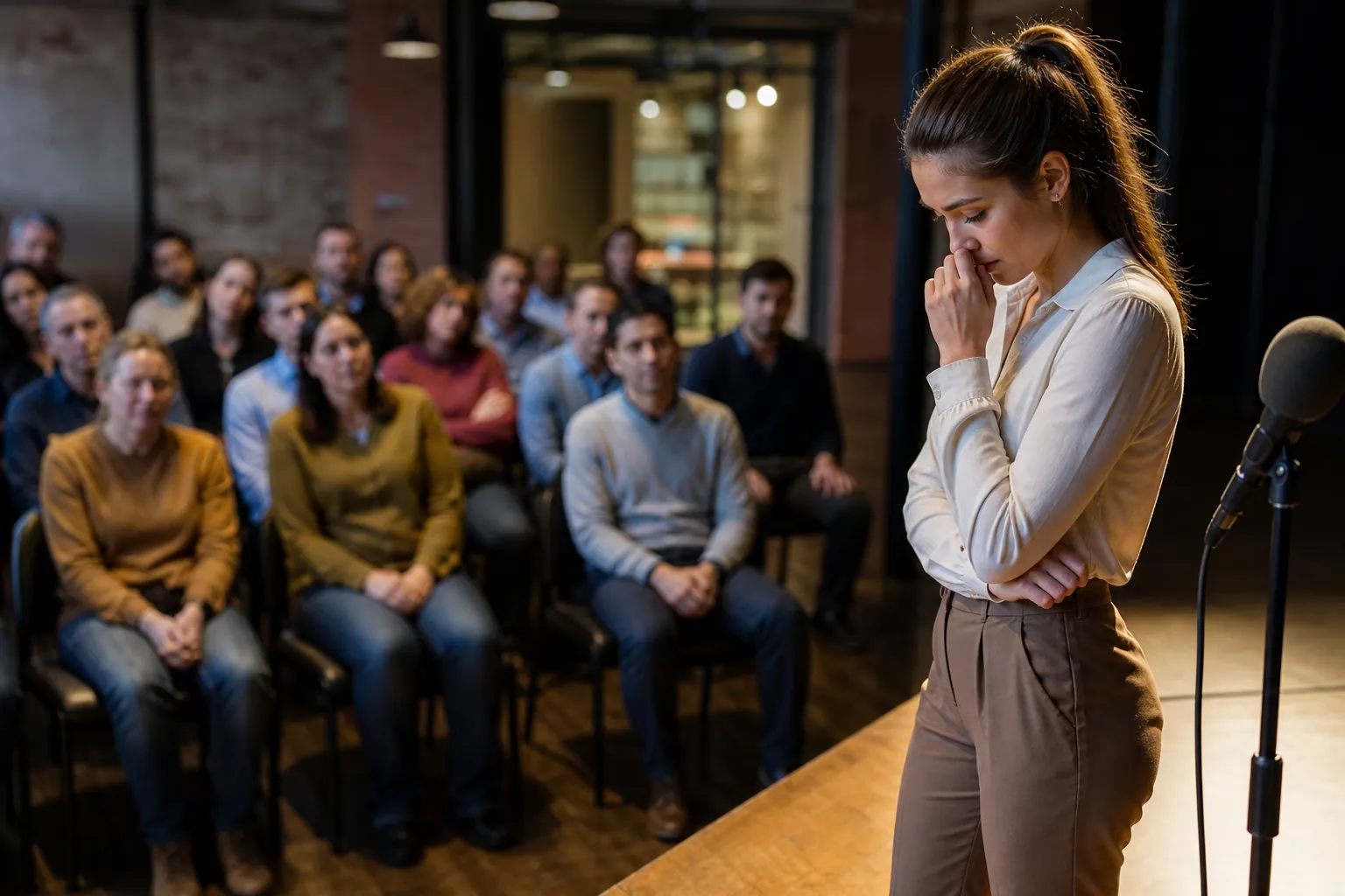 Nervous Speaker Facing a Seated Audience A woman stands beside a microphone with one hand near her mouth and her gaze lowered as a seated audience watches.