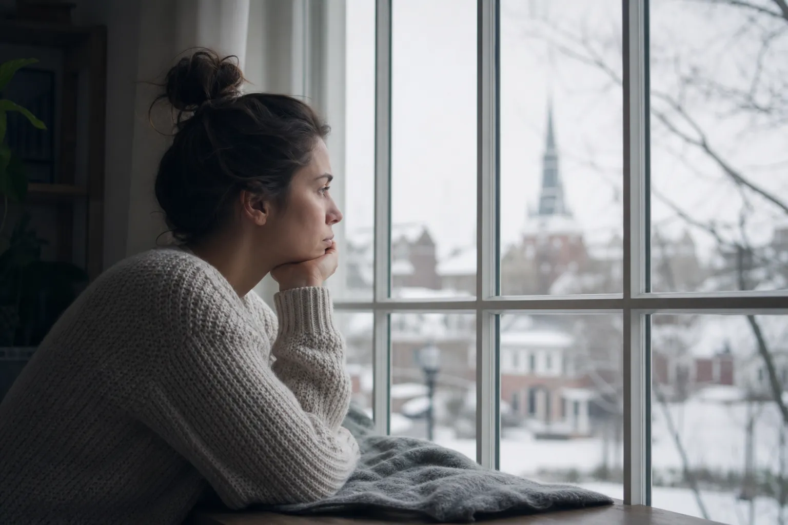Pensive Woman Looking Out at a Snowy Town A woman in a gray knit sweater rests her chin on her hand, gazing through a window at a snowy town and church steeple.
