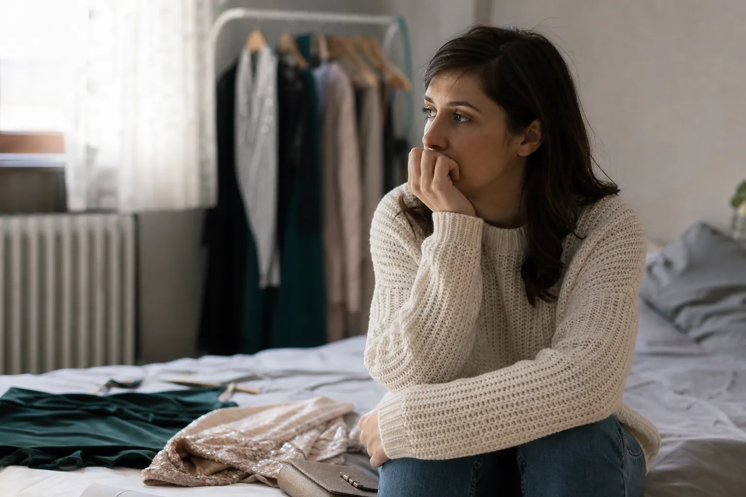 Pensive Woman Sitting Beside Clothes on a Bed A woman in a cream sweater sits on a bed with her hand against her mouth, beside laid-out clothes and a clothing rack.