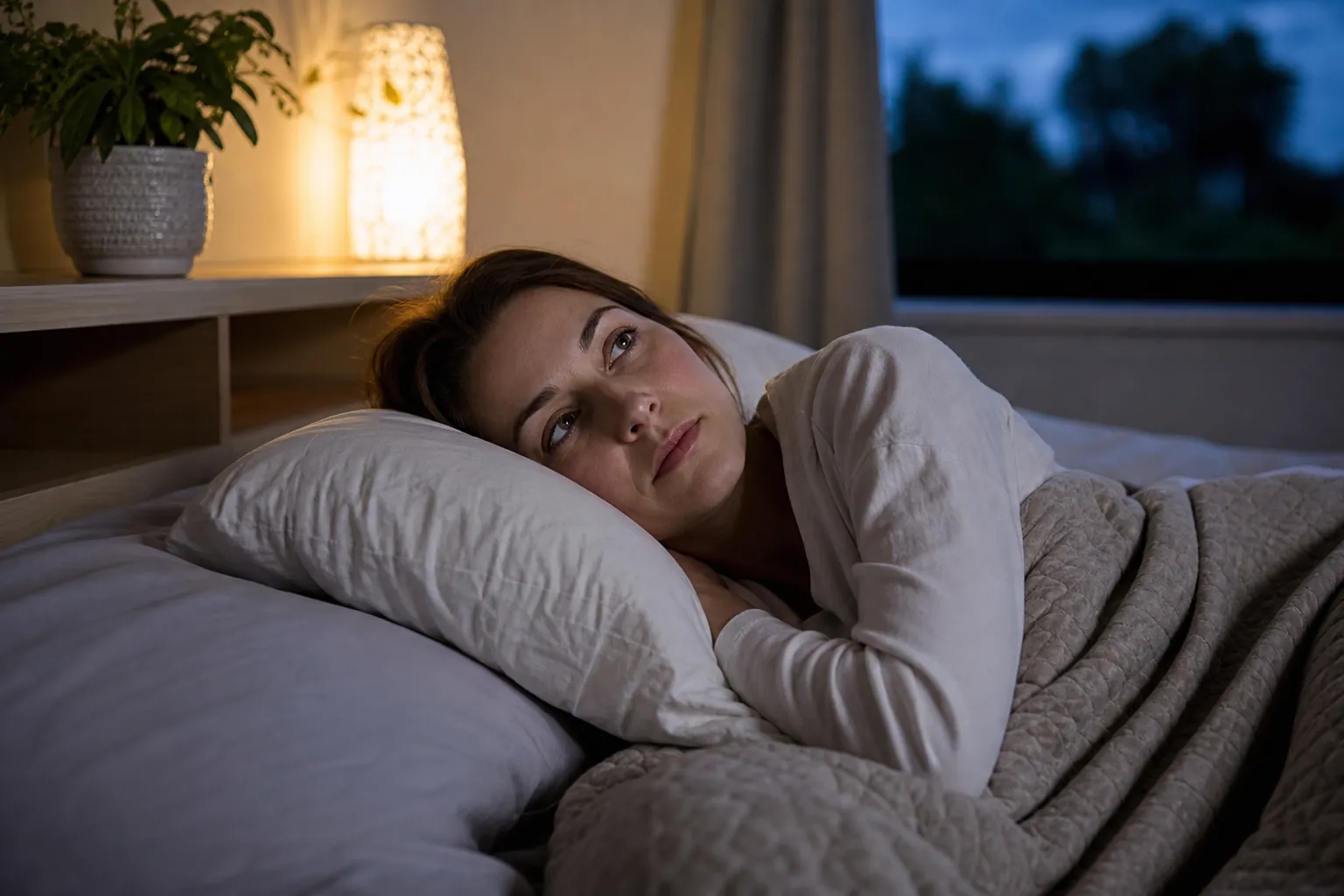 Woman resting her head on a pillow while awake Woman resting her head on a pillow while awake
